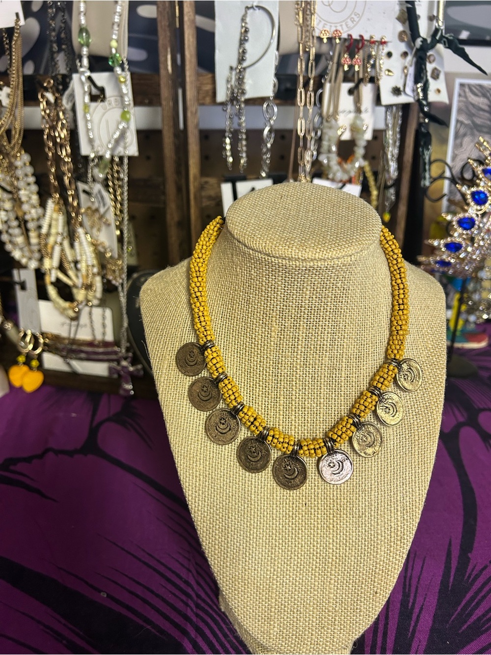 NWT Free People Beaded Coin Necklace with Moons & Stars in Yellow